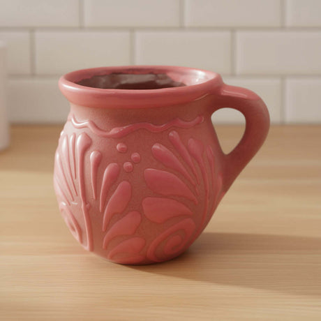 Pink Talavera Mug | Authentic Handmade Mexican Clay Jarrito on wooden surface.