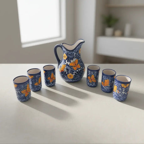 Blue Monarch Talavera Pitcher Set | Mexican Ceramic Drinkware on table