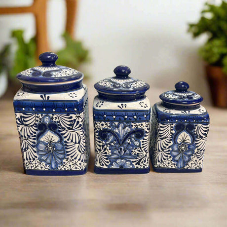 Blue Talavera Canister Set | Handmade Mexican Ceramic Jars - hand-painted blue and white Talavera ceramic kitchen canisters