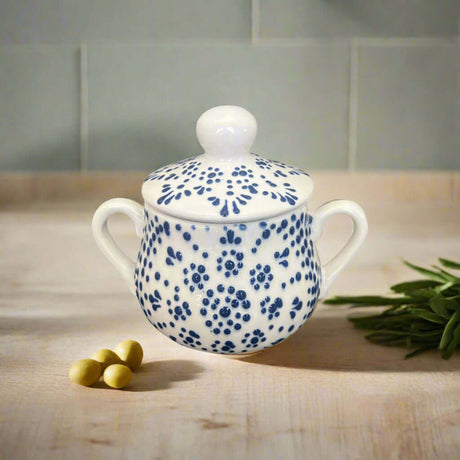 Blue & White Talavera Sugar Jar | Handmade Puebla Kitchenware - hand-painted blue floral sugar jar with lid and handles, lead-free glaze, traditional Puebla design