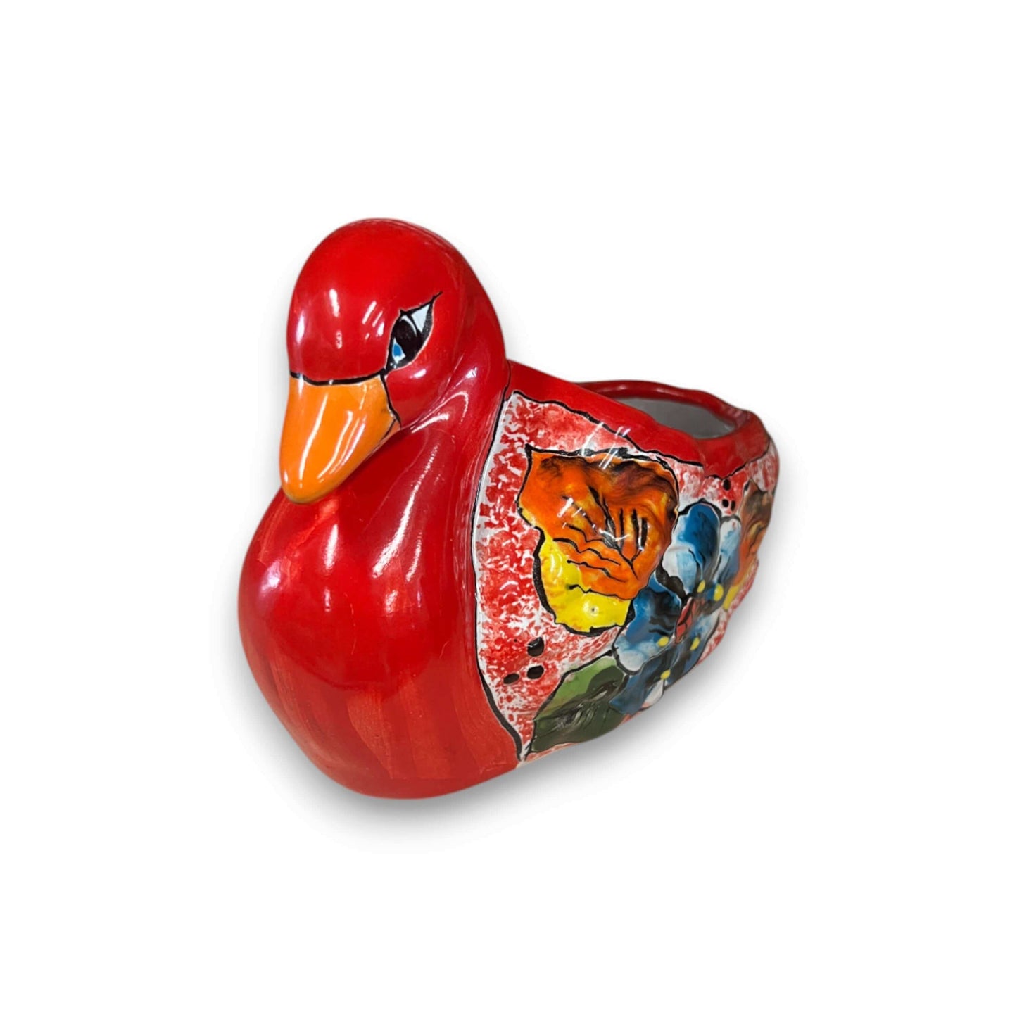 Colorful Talavera Duck Planter | Hand-Painted Mexican Succulent Pottery Art - red hand-painted Talavera duck succulent planter