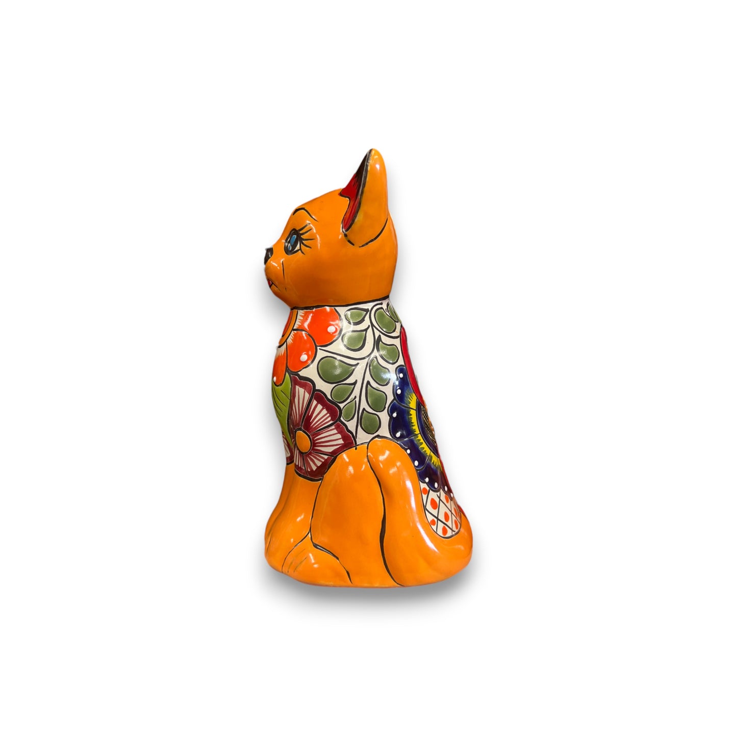 Colorful Hand-Painted Talavera Cat Statue | Medium Mexican Folk Art Decor