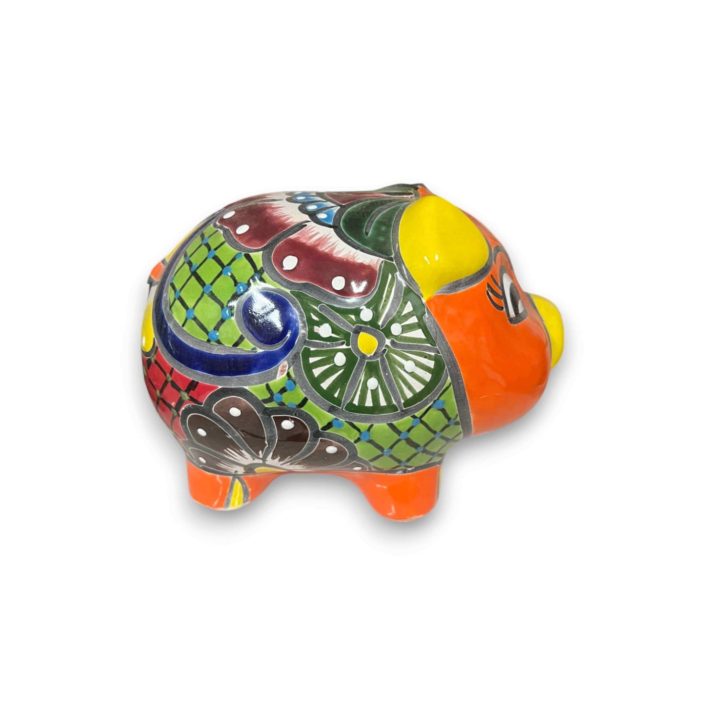 Talavera Piggy Bank | Hand-Painted Mexican Ceramic Coin Bank featuring bright orange face, yellow ears, and multicolor Talavera floral design