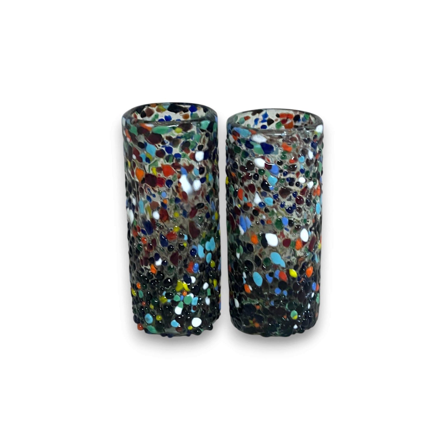 Hand Blown Double Shot Glass | Mexican Confetti Glassware - pair of colorful hand-blown confetti-patterned double shot glasses from Guanajuato, Mexico