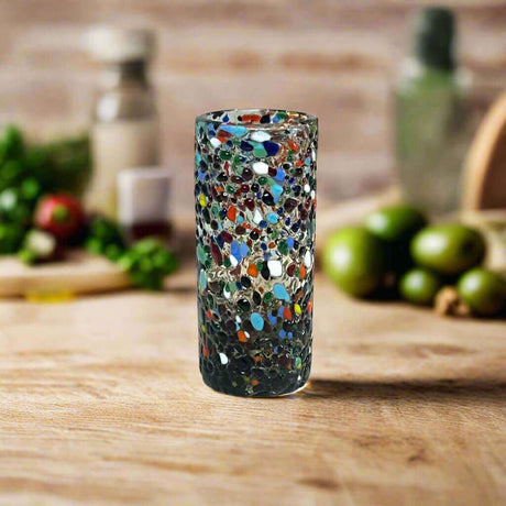 Hand Blown Double Shot Glass | Mexican Confetti Glassware — hand-blown thick clear glass with vibrant multicolor confetti flecks, unique artisan shot glass