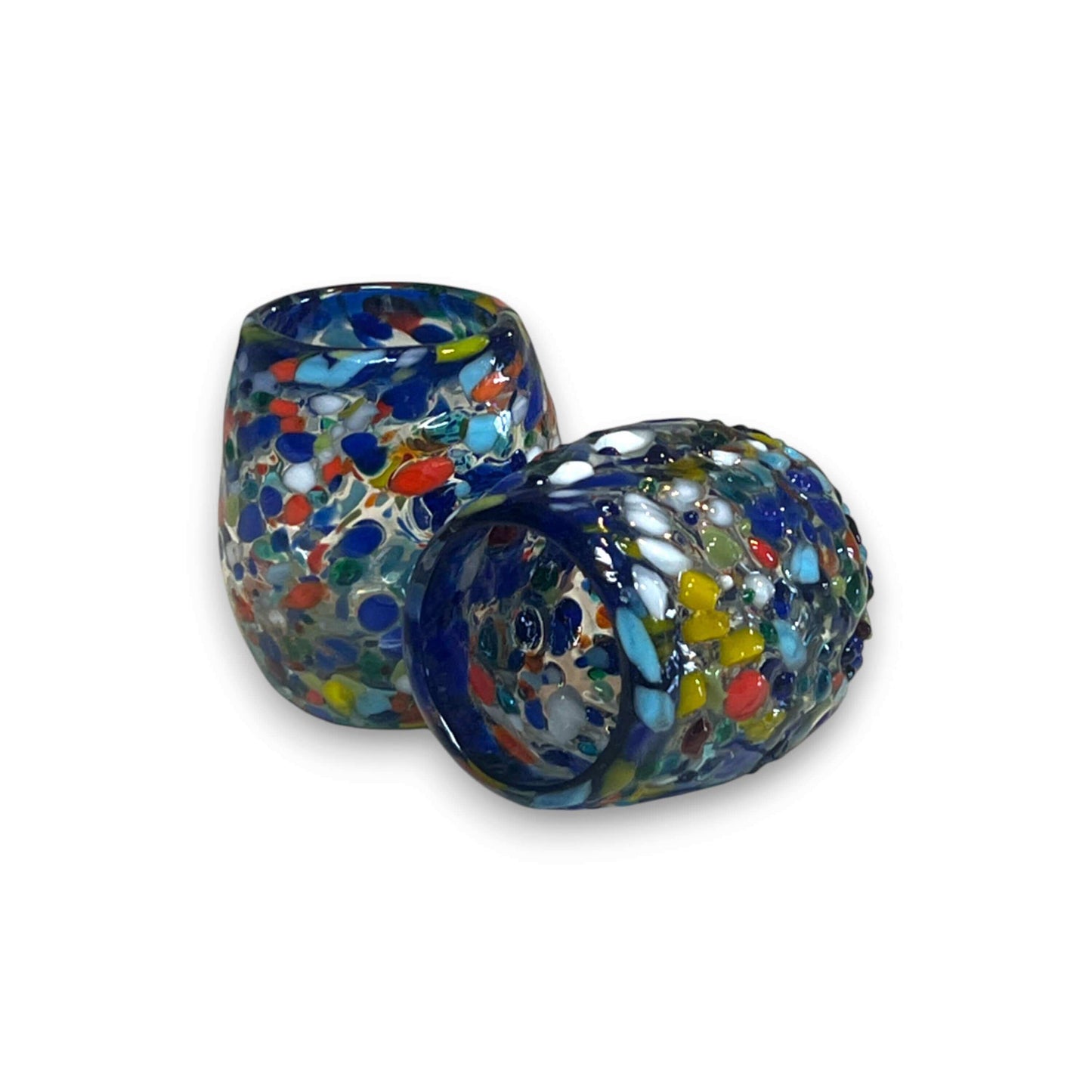 Confetti Rimmed Shot Glass | Hand-Blown Mexican Glassware with Blue Rim - handcrafted multicolor confetti glass shot glass with bold blue rim from Guanajuato
