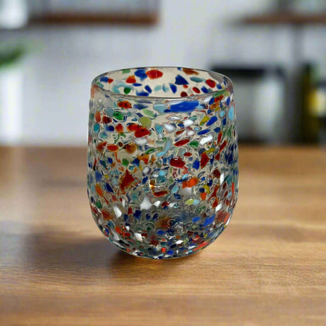 Confetti Stemless Wine Glass | Hand-Blown Mexican Pebbled Cup - hand-blown lead-free glass with colorful confetti pebbled texture, perfect for wine or cocktails