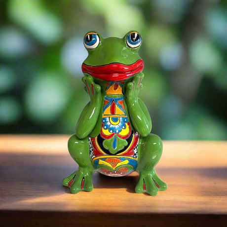 Talavera Frog Statue | Vibrant Hand-Painted Mexican Ceramic Art – handcrafted green frog with red lips and intricate Talavera chest pattern
