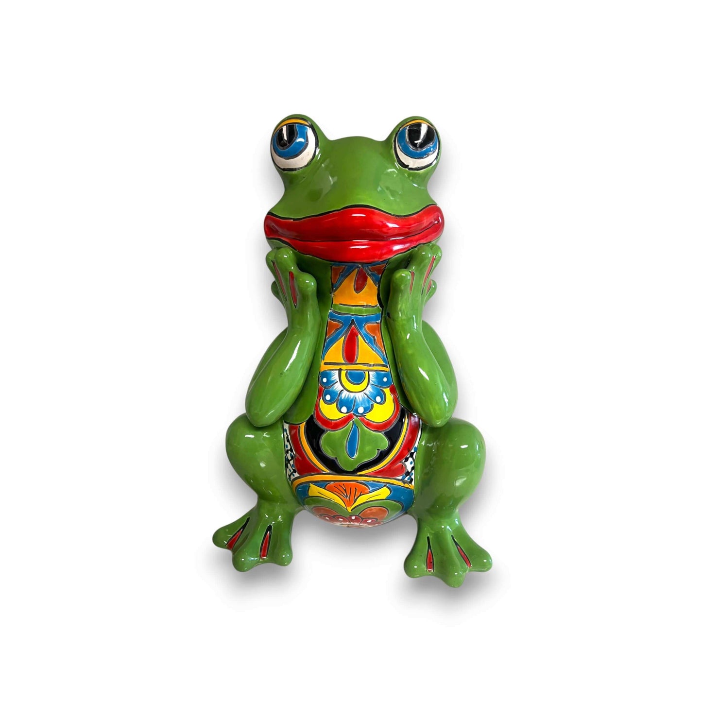Talavera Frog Statue | Vibrant Hand-Painted Mexican Ceramic Art cheerful green ceramic frog with red lips and intricate hand-painted chest patterns
