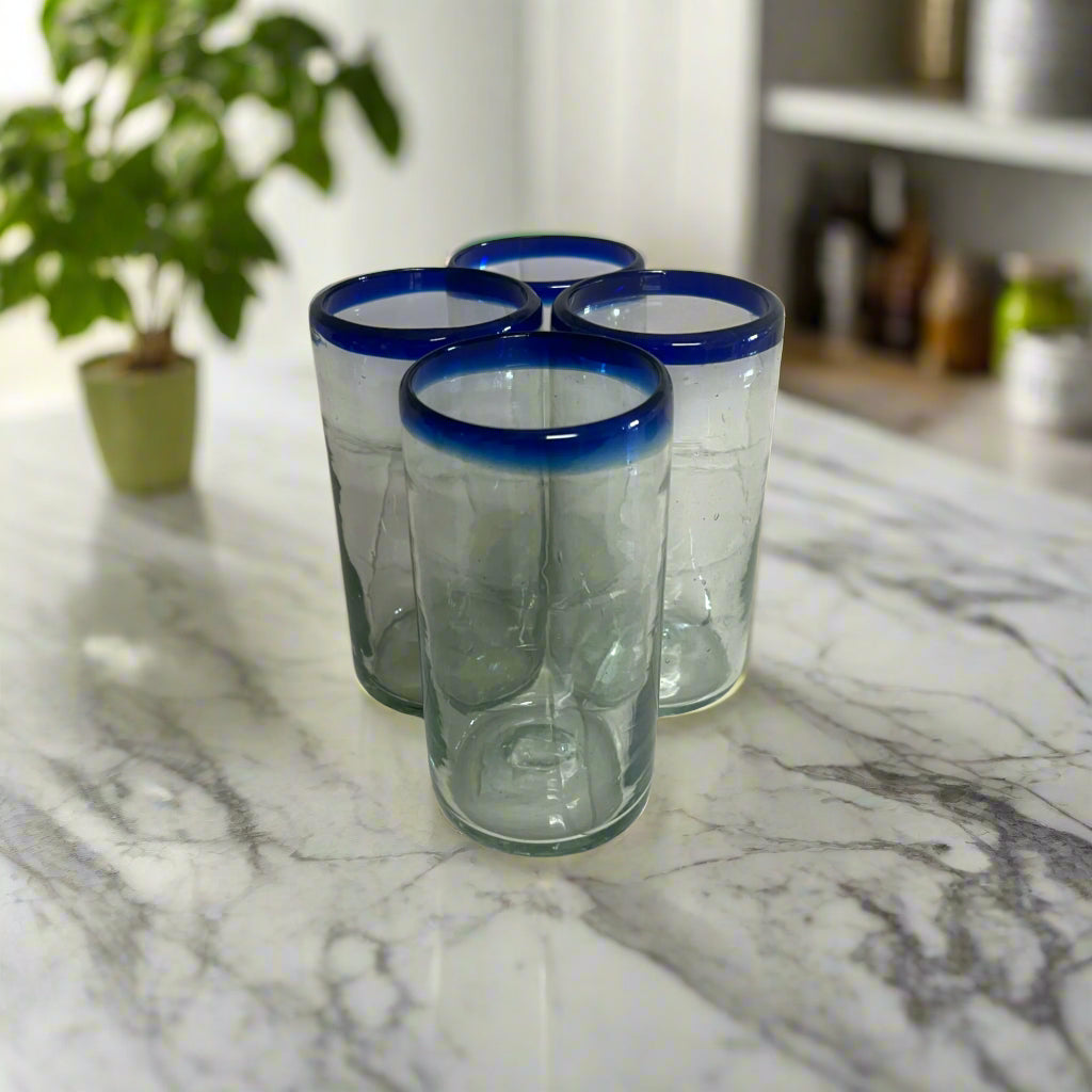 Mexican Blue Rim Tumbler | Hand-Blown Clear Glassware