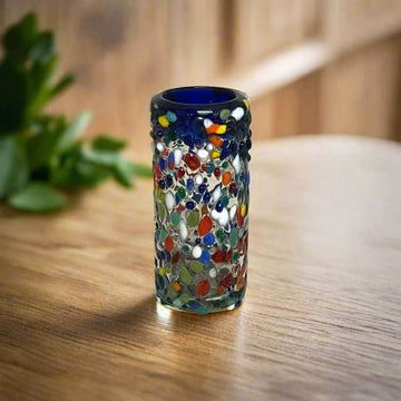 Confetti Double Shot Glass | Hand Blown Mexican Blue Rim — hand-blown lead-free glass with colorful confetti pattern and signature blue rim