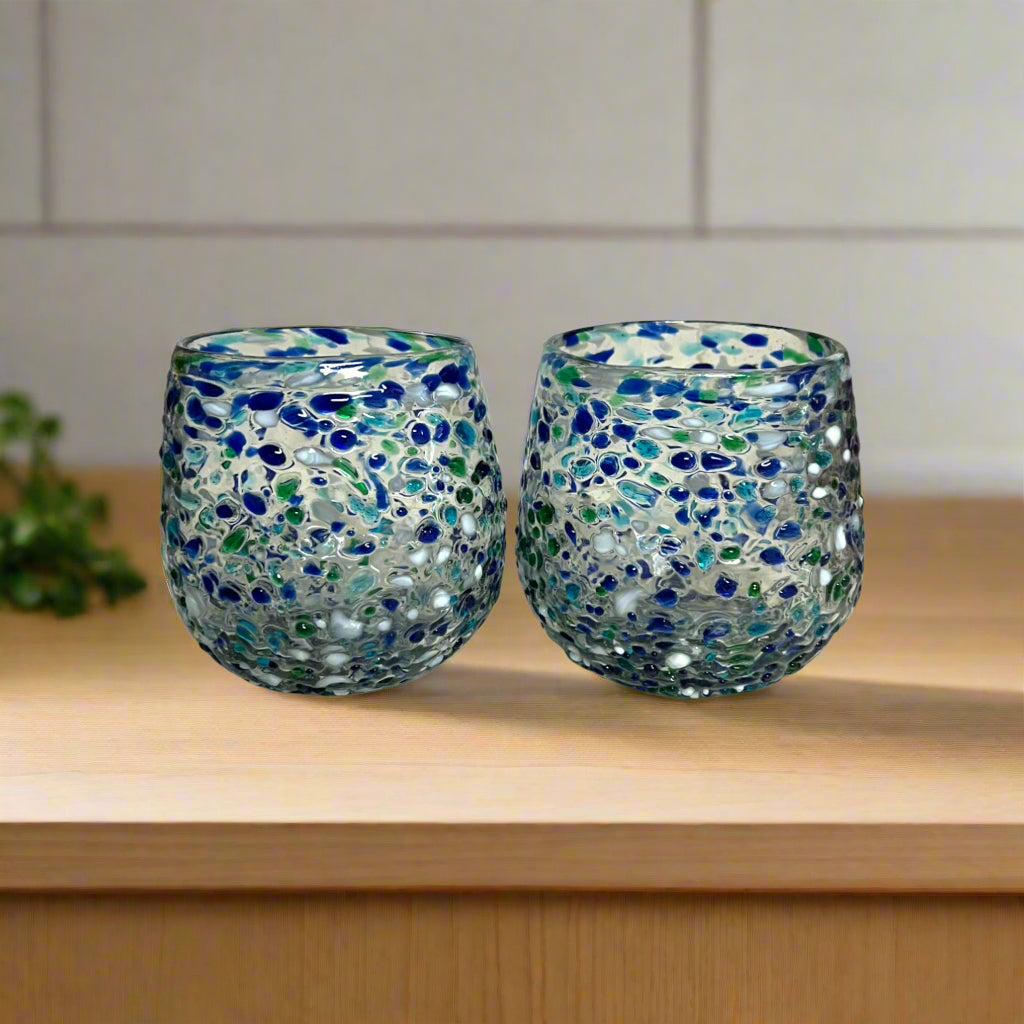 Hand Blown Stemless Wine Glass | Blue Green Confetti Design