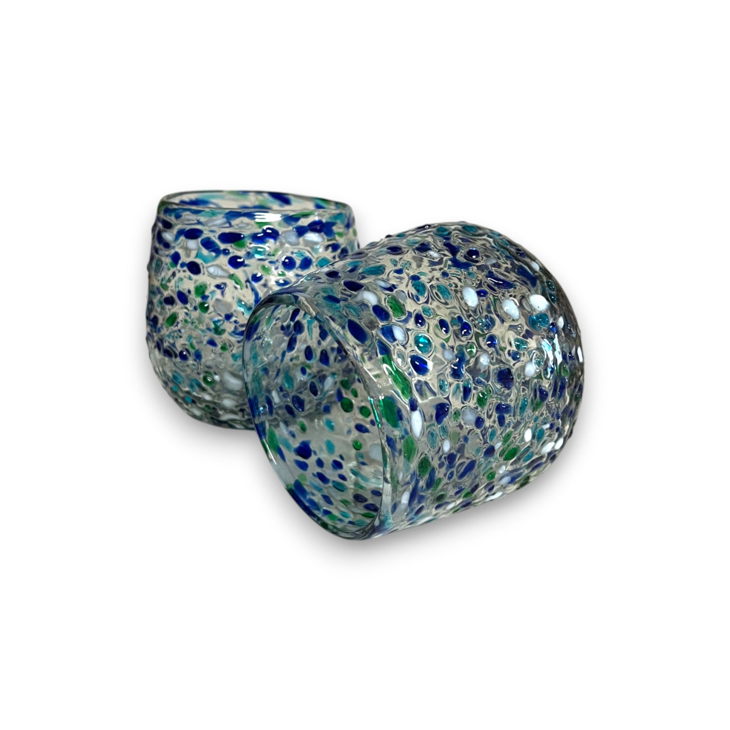Hand Blown Stemless Wine Glass | Blue Green Confetti Design