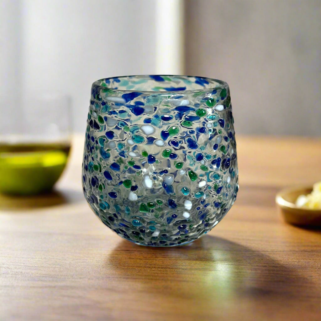 Hand Blown Stemless Wine Glass | Blue Green Confetti Design