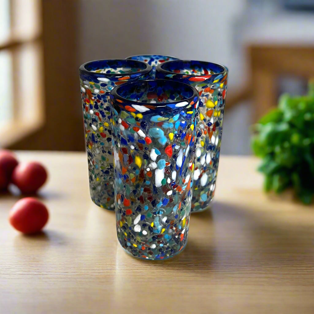 Blue Rim Confetti Pebbled Glass | Hand-Blown Mexican Tumbler