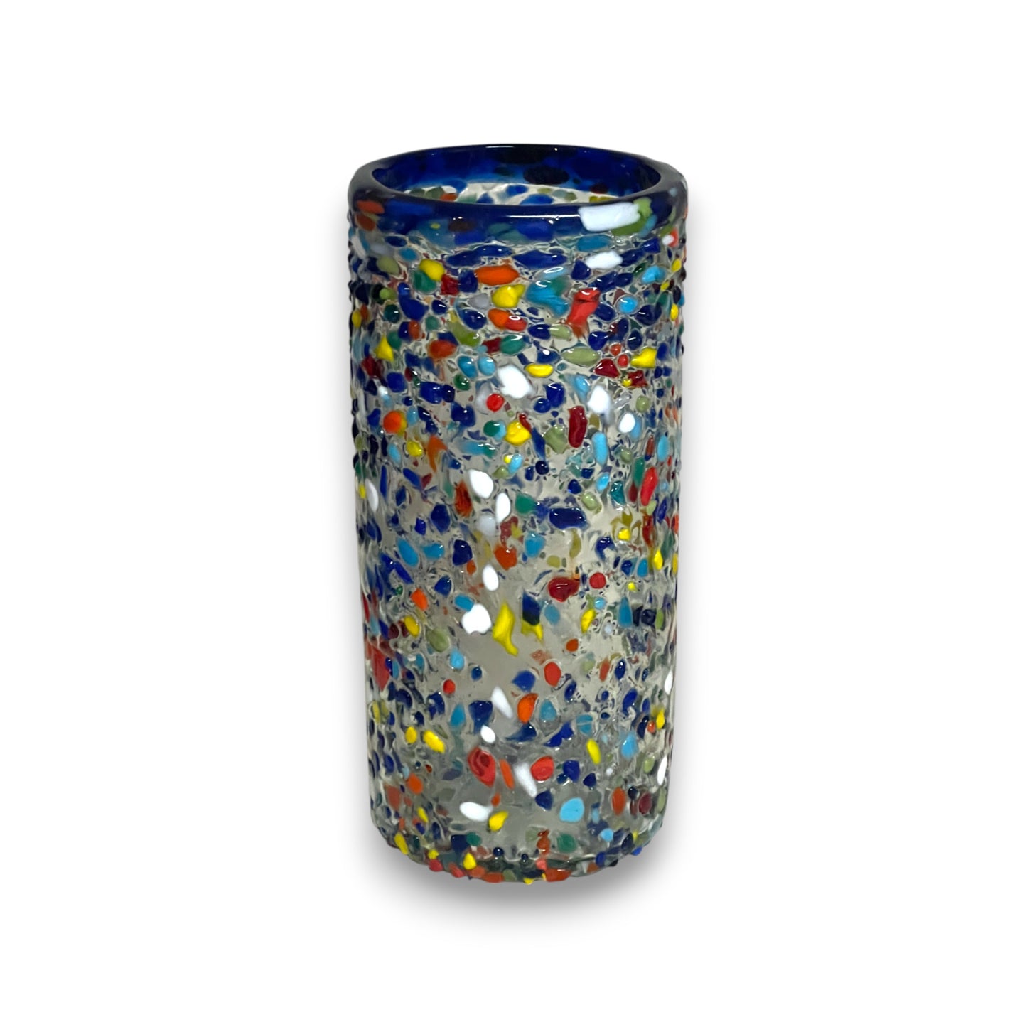 Blue Rim Confetti Pebbled Glass | Hand-Blown Mexican Tumbler