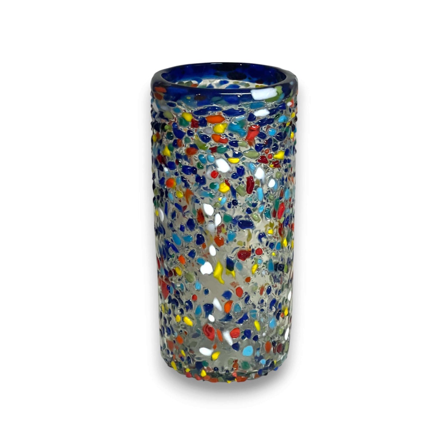Blue Rim Confetti Pebbled Glass | Hand-Blown Mexican Tumbler — tall hand-blown lead-free glass tumbler with cobalt blue rim and colorful confetti pebbled texture