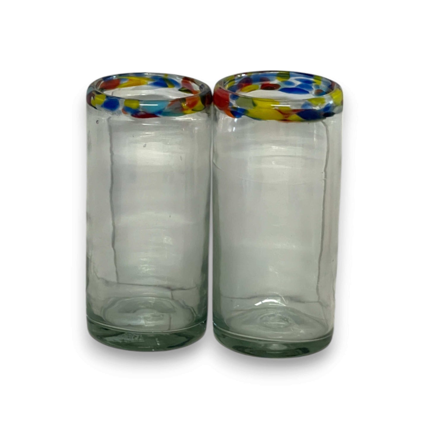 Hand Blown Colorful Tumbler Glass | Confetti Rim - pair of tall hand-blown clear glasses with multicolor confetti rim, textured lead-free glass