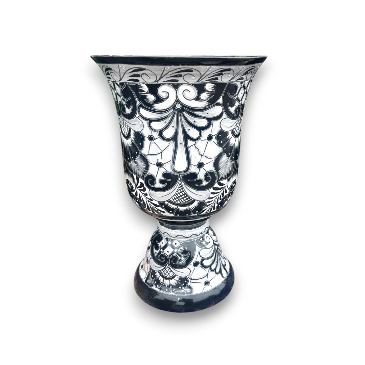 XL Black Talavera Planter | Hand-Painted Pedestal Flower Pot