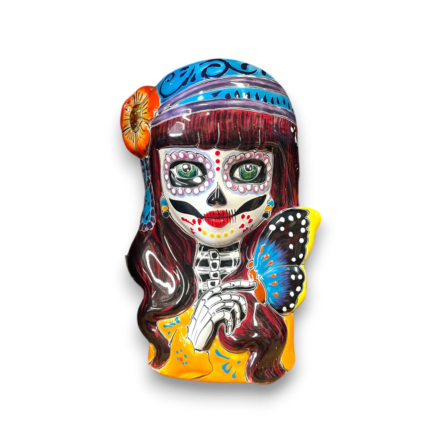 Talavera Butterfly Skull Planter | Handcrafted Day of the Dead Ceramic Pot