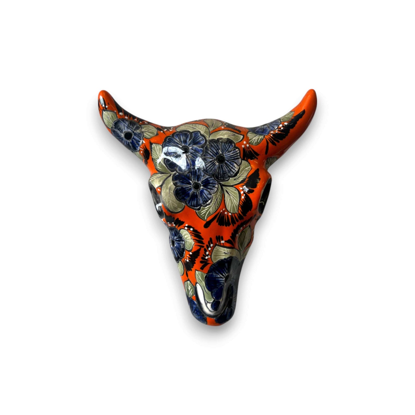 Talavera Bull Skull Wall Decor | Handmade Mexican Longhorn Art - hand-painted orange floral ceramic longhorn wall skull