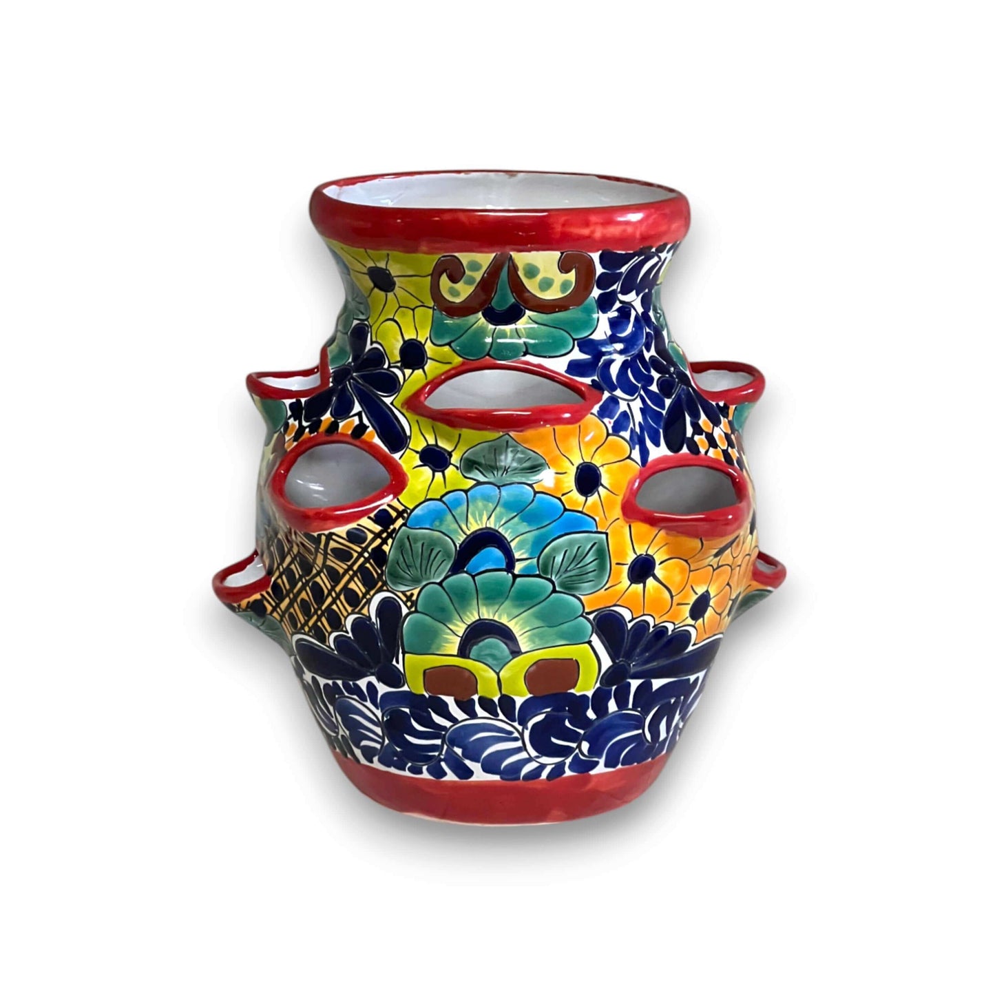Talavera Strawberry Planter Pot | Hand-Painted Mexican Ceramic - hand-painted multicolor strawberry planter with floral Talavera pattern