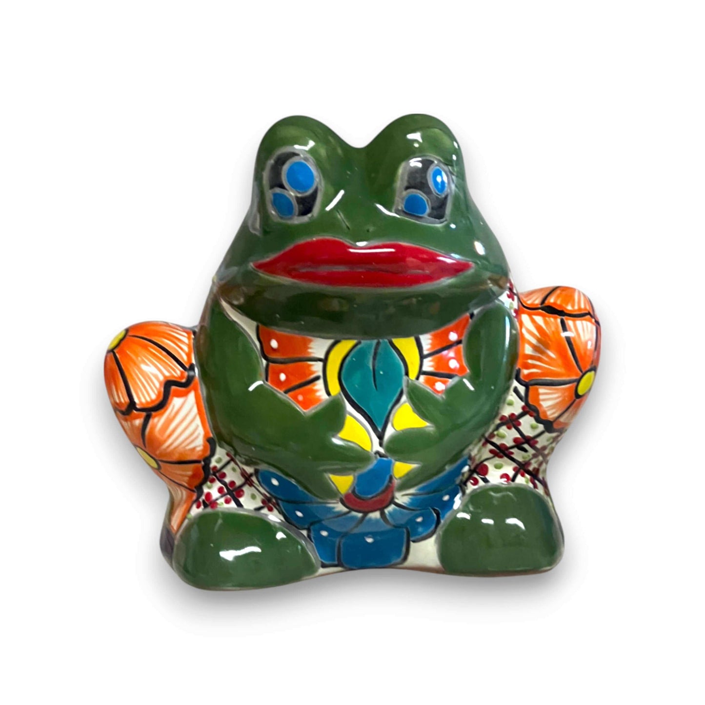 Talavera Frog Planter | Colorful Handmade Mexican Pottery — hand-painted green frog planter with bold floral Talavera patterns