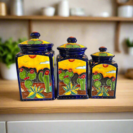 Handmade Desert Canister Set | Colorful Mexican Talavera Pottery - three hand-painted desert scene storage jars