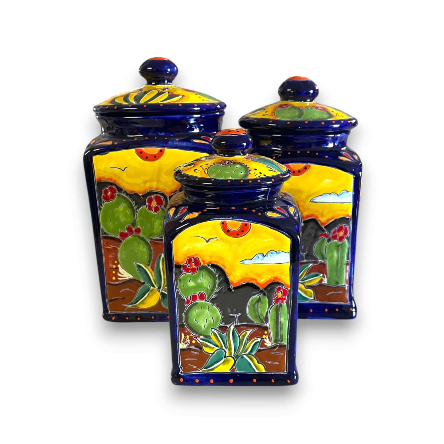 Handmade Desert Canister Set | Colorful Mexican Talavera Pottery hand-painted desert cactus storage jars