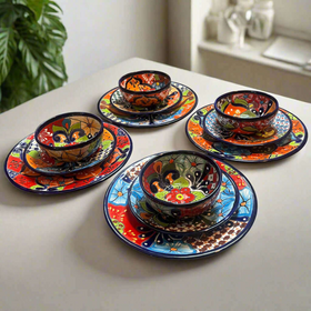 12-Piece Talavera Dinnerware Set | Handmade Mexican Ceramic Plates & Bowls - vibrant hand-painted Talavera place settings for 4, floral geometric patterns