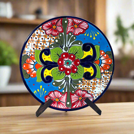 11.5" Talavera Dinner Plate | Hand-Painted Mexican Folk Art Dish - hand-painted bold floral talavera plate with cobalt rim