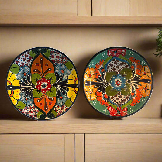 11.5" Talavera Dinner Plate | Hand-Painted Mexican Folk Art Dish with bold red green orange blue floral motifs and cobalt rim
