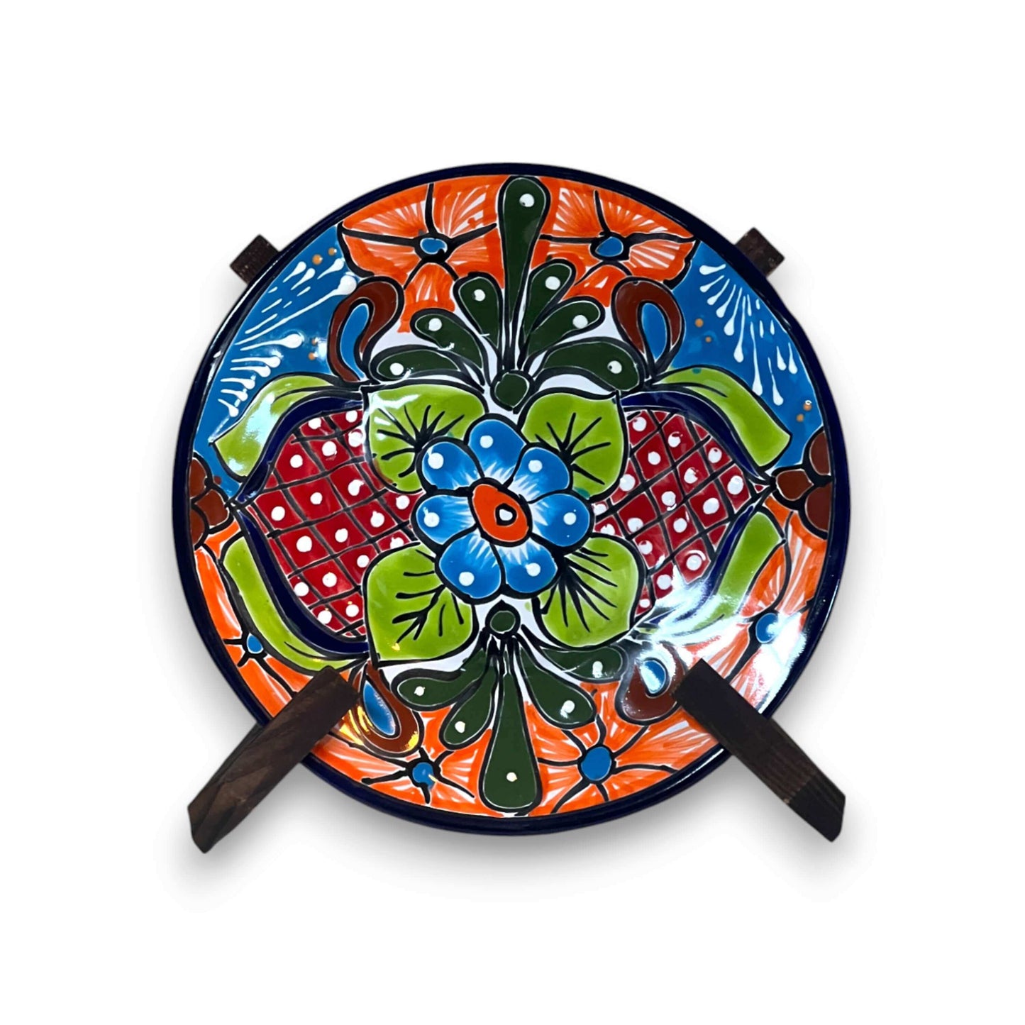 10" Talavera Dinner Plate | Mexican Handmade Dinnerware - hand-painted bold floral blue, red, green Talavera plate with lead-free glaze