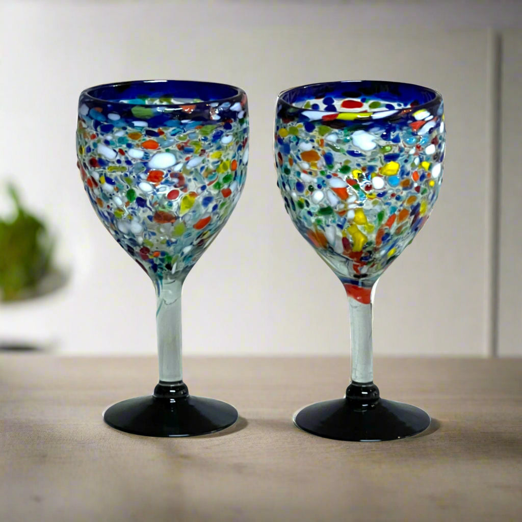 Hand Blown Mexican Wine Glasses | Blue Rim Confetti Design
