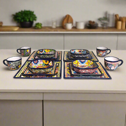 Talavera Square Dinnerware Set | 16-Piece Mexican Pottery Set