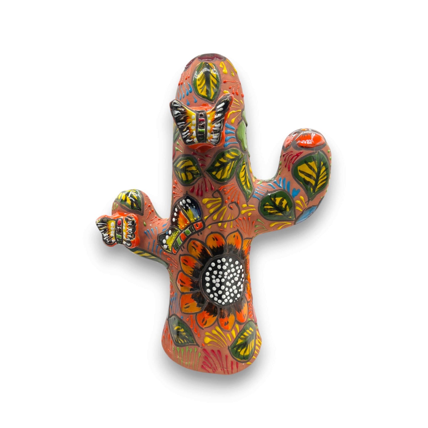 Talavera Cactus Statue | Colorful Handmade Mexican Art — hand-painted orange Talavera cactus with floral and butterfly motifs