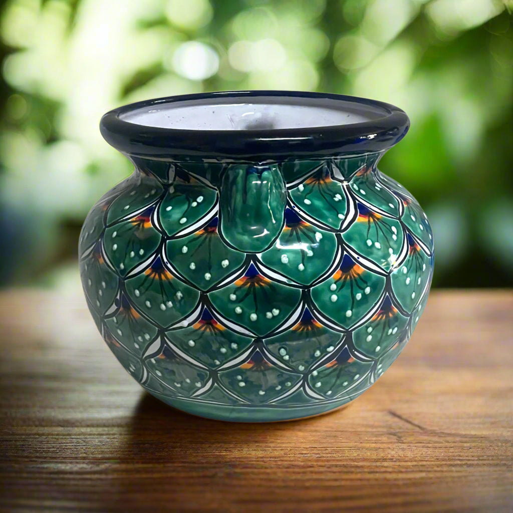 Vibrant Talavera Flower Pot | Green Peacock Design