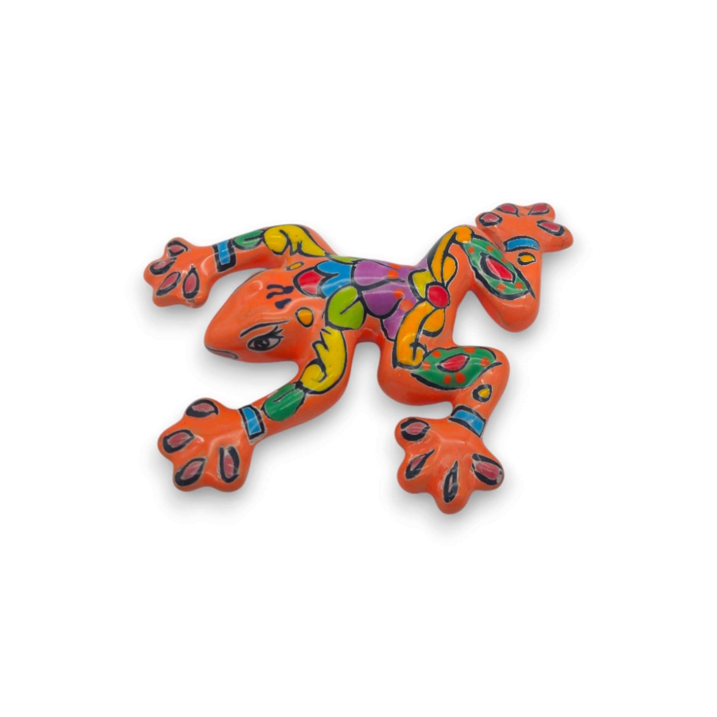 Hand-Painted Talavera Frog | Mexican Wall Art Figurine - brightly hand-painted orange ceramic frog with floral patterns, wall-ready decorative figurine