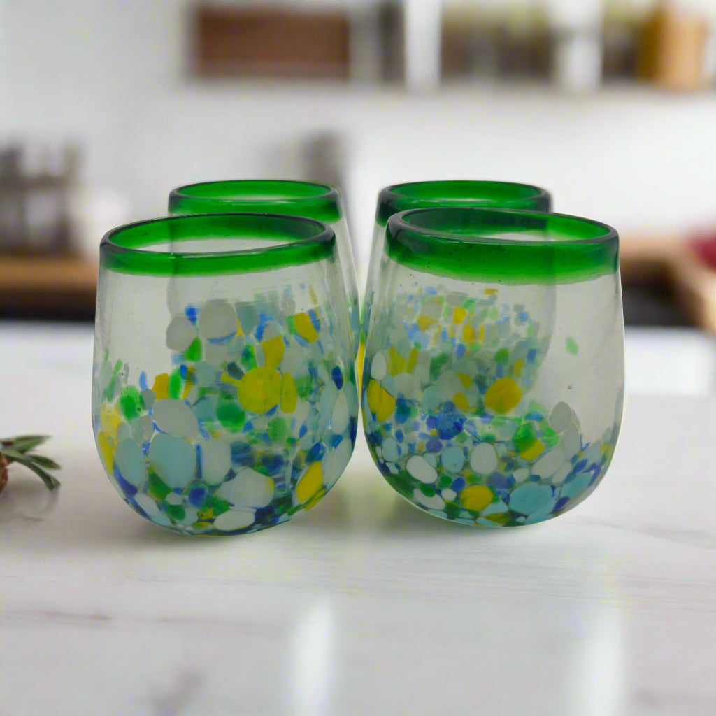 Hand-Blown Stemless Wine Glass | Mexican Confetti with Green Rim