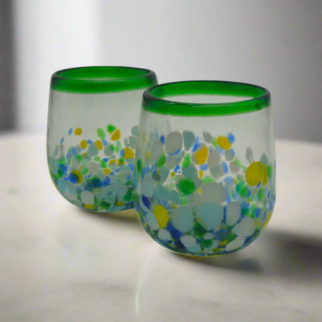 Hand-Blown Stemless Wine Glass | Mexican Confetti with Green Rim