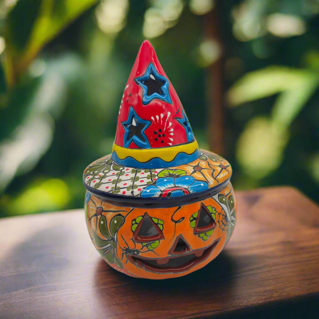 Talavera Jack-o'-Lantern | Mexican Pumpkin with Witches Hat