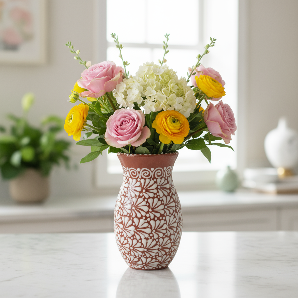 Handcrafted Talavera Vase | Brown & White Relief Pottery