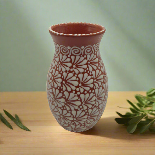 Handcrafted Talavera Vase | Brown & White Relief Pottery
