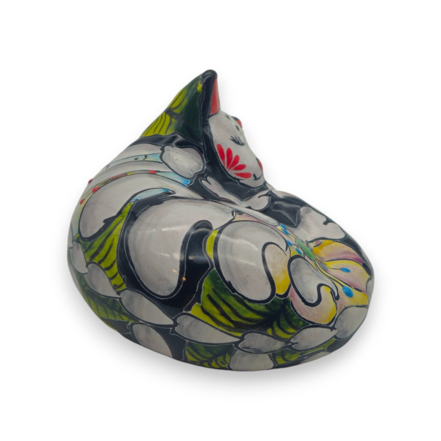 Talavera Sleeping Cat Figurine | Hand-Painted Mexican Decor