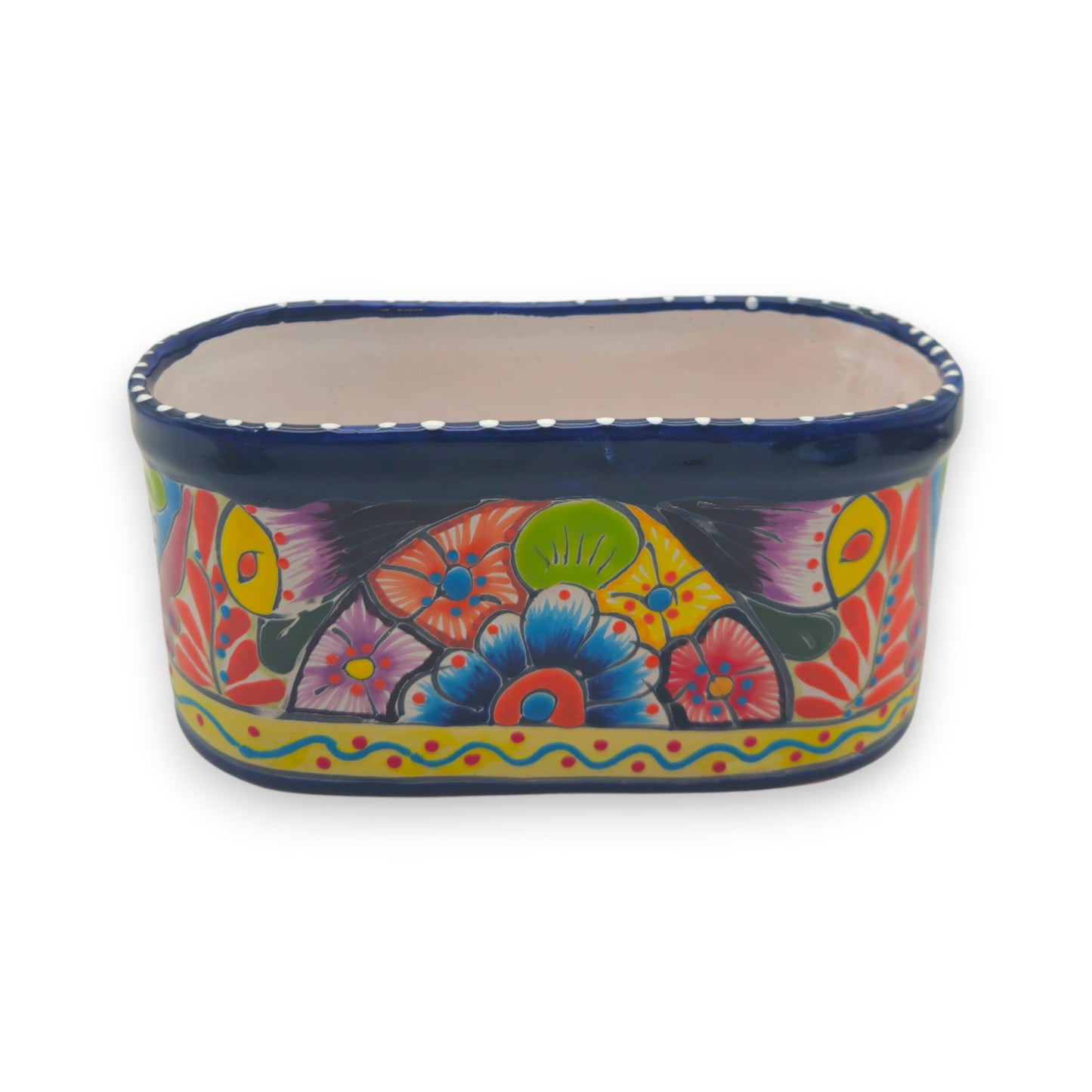 Oval Blue Rim Talavera Planter | Handcrafted Mexican Pot