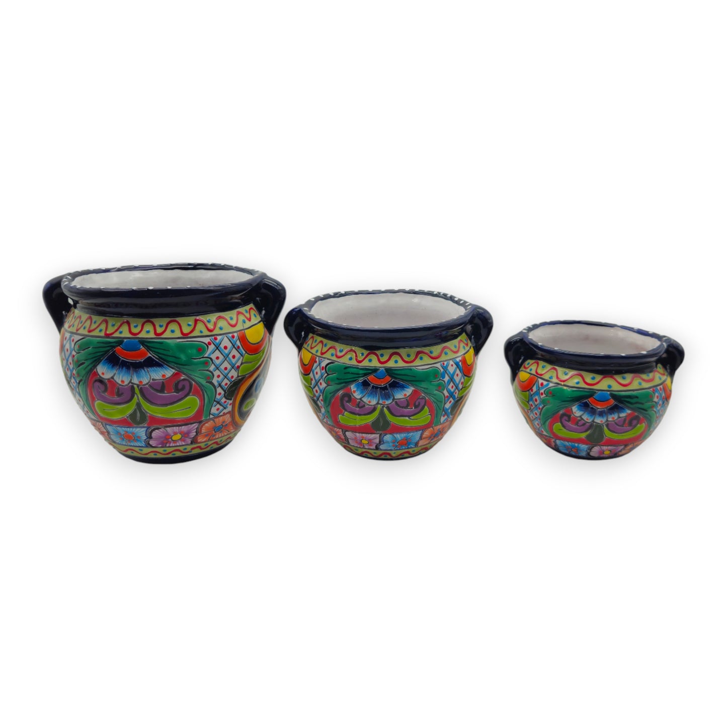 Cobalt Blue Rim Talavera Pot Trio | Small Hand-Painted Planters