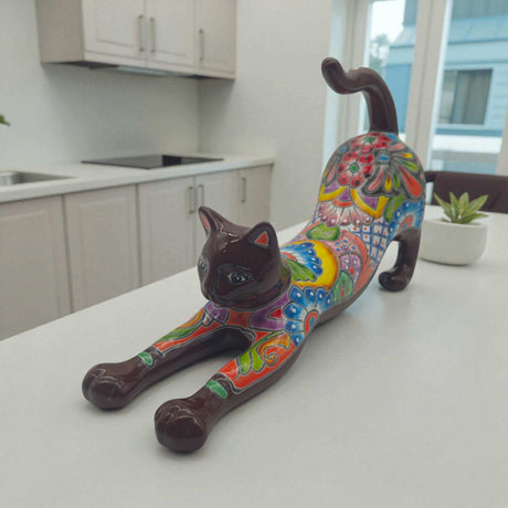 Talavera Stretching Cat Figurine | Multicolor Mexican Art - hand-painted multicolor ceramic cat stretching with floral Talavera motifs, kiln-fired glaze