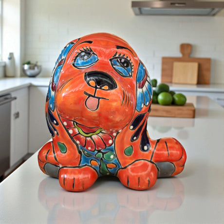 Colorful Talavera Dog Planter | Handcrafted Mexican Pot - vibrant hand-painted sitting dog planter with floral motifs
