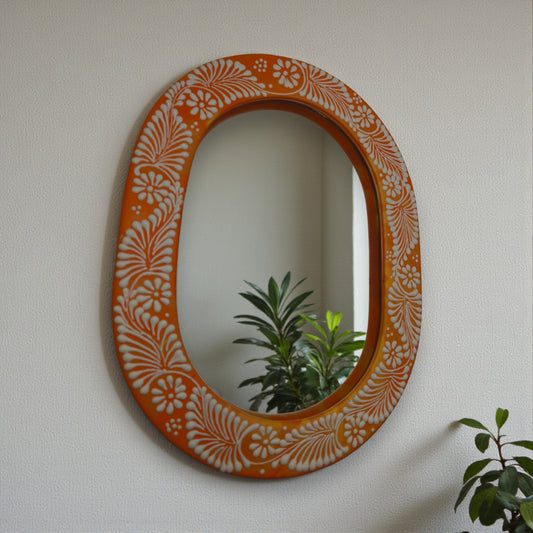 Floral Brown & White Talavera Mirror | Handcrafted Mexican Art