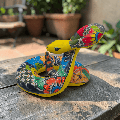 Colorful Talavera Snake Sculpture | Handmade Ceramic Art hand-painted coiled snake with bright orange blue green red floral Talavera patterns